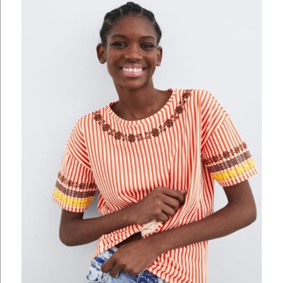 Zara Tops - ZARA Embroidered Orange\White Striped Round Neck T-Shirt | Women's Medium NWT